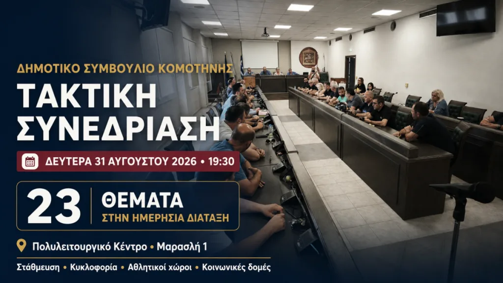 Δημοτικό Συμβούλιο Κομοτηνής: Συνεδρίαση στις 31 Αυγούστου με 23 θέματα