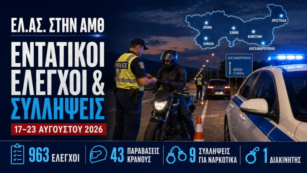 Αστυνομικό δελτίο ΑΜΘ: Έλεγχοι για κράνη, ναρκωτικά και σύλληψη διακινητή στον Έβρο
