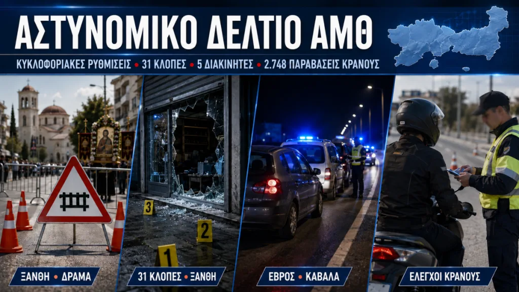 Αστυνομικό Δελτίο: Ρυθμίσεις σε Ξάνθη – Δράμα, 31 κλοπές και συλλήψεις διακινητών
