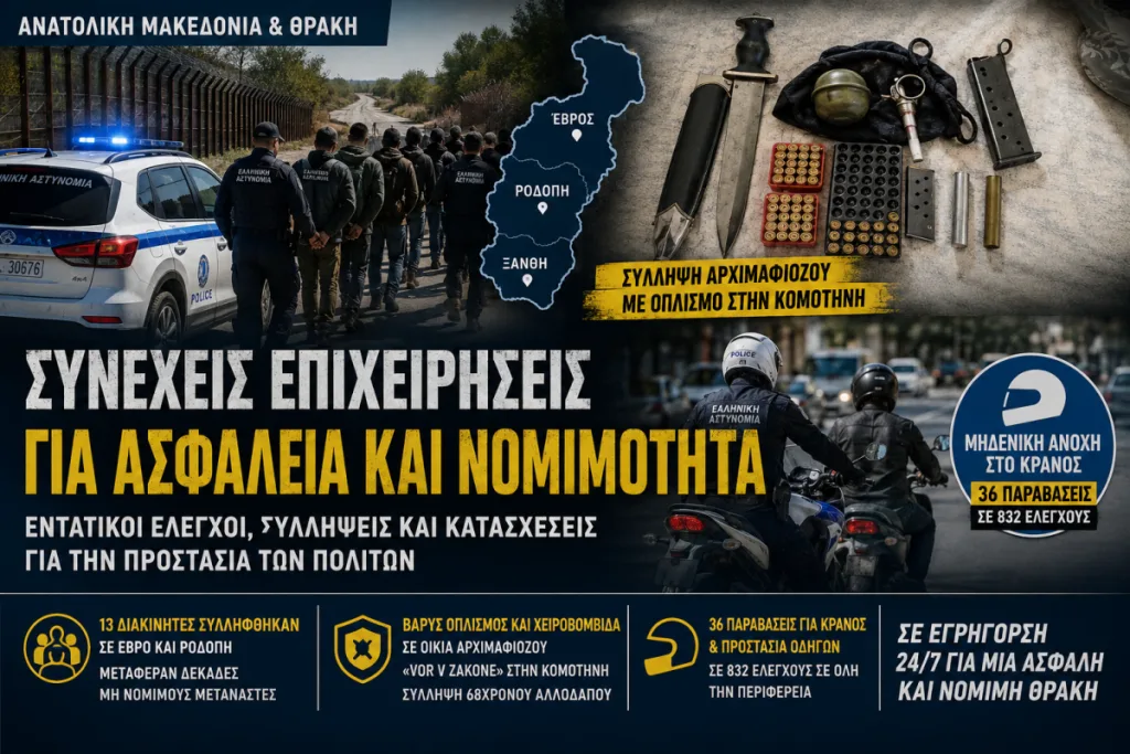 Αστυνομικό δελτίο ΑΜΘ: Μπαράζ συλλήψεων διακινητών, στέλεχος Vor V Zakone και έλεγχοι για κράνος